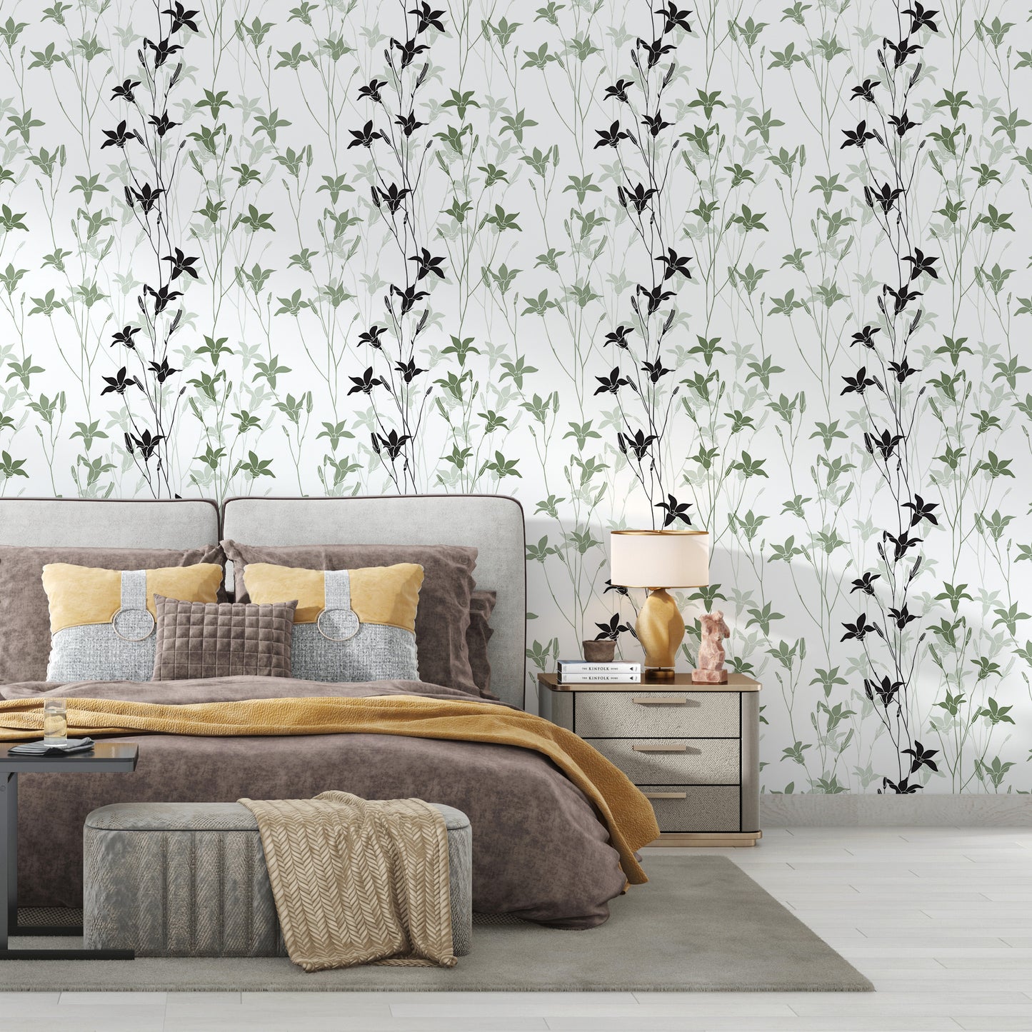 green and black floral wallpaper