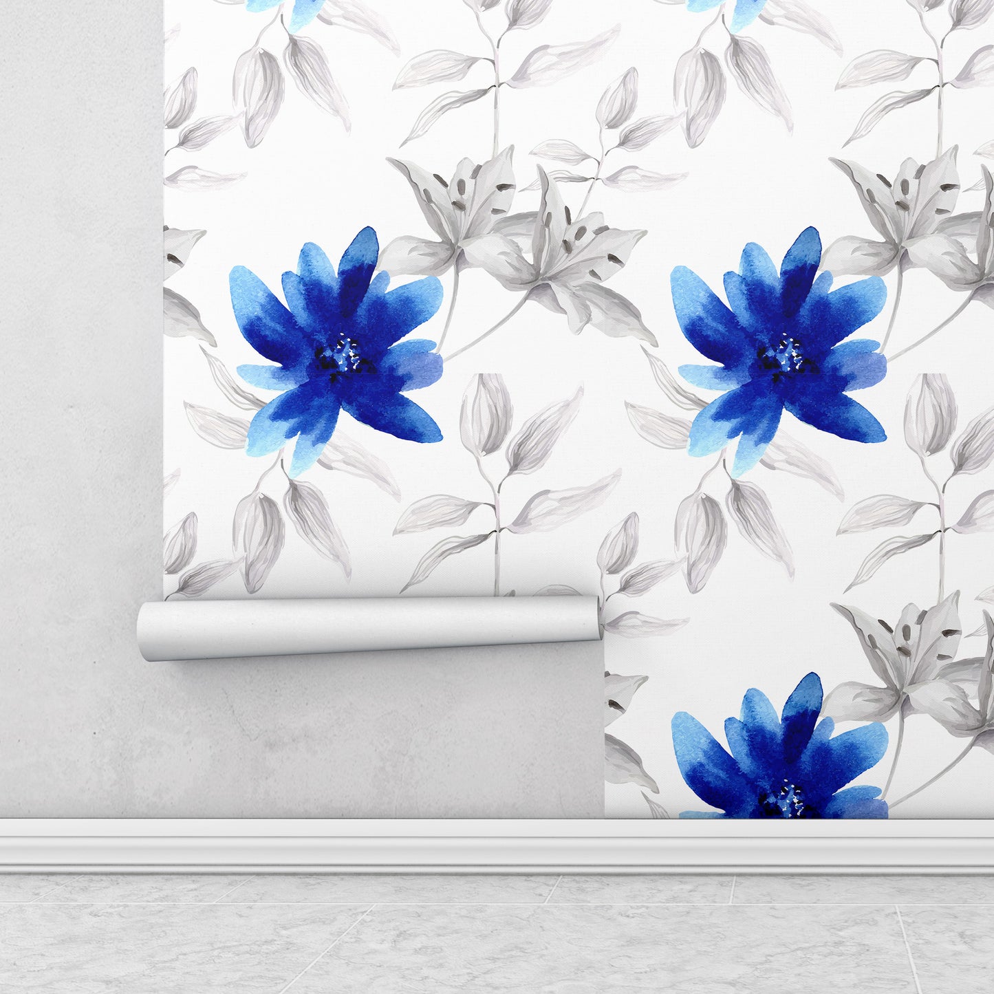 vibrant blue floral bold wallpaper