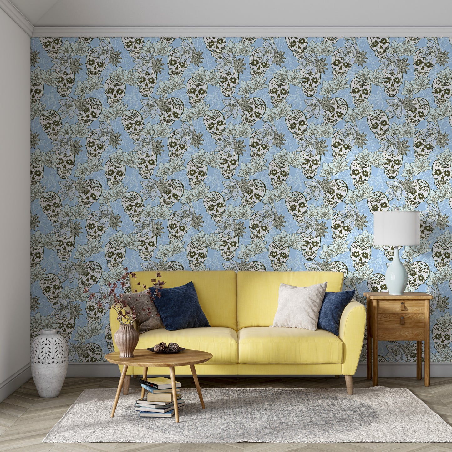 light blue floral skeleton wallpaper